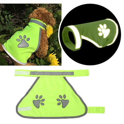Hi-vis reflective dog vest in fluorescent green, shown on a dog and glowing under low light