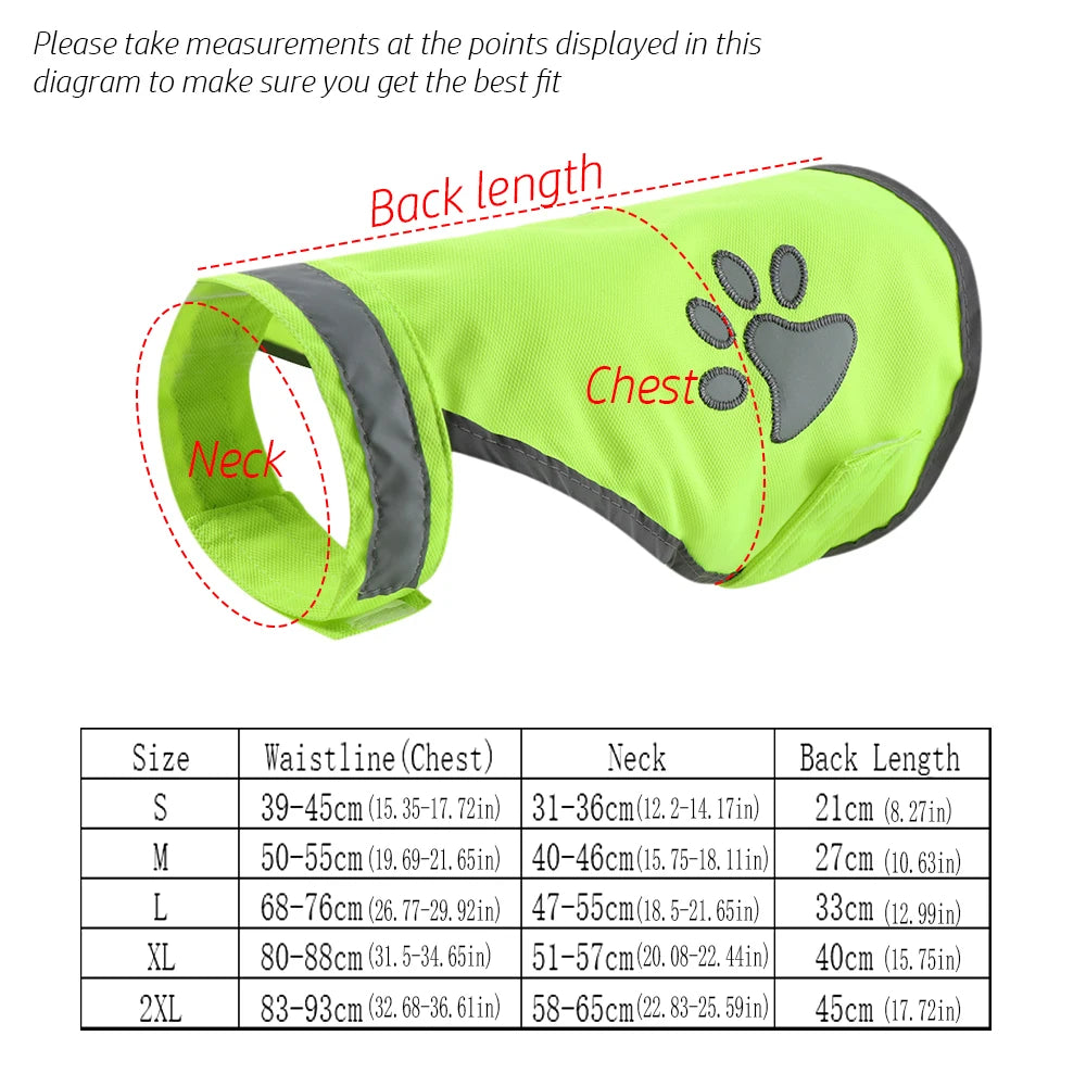 Hi-vis reflective dog vest size chart with chest and back measurements