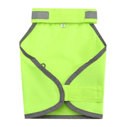 Dog wearing the hi-vis reflective safety vest outdoors